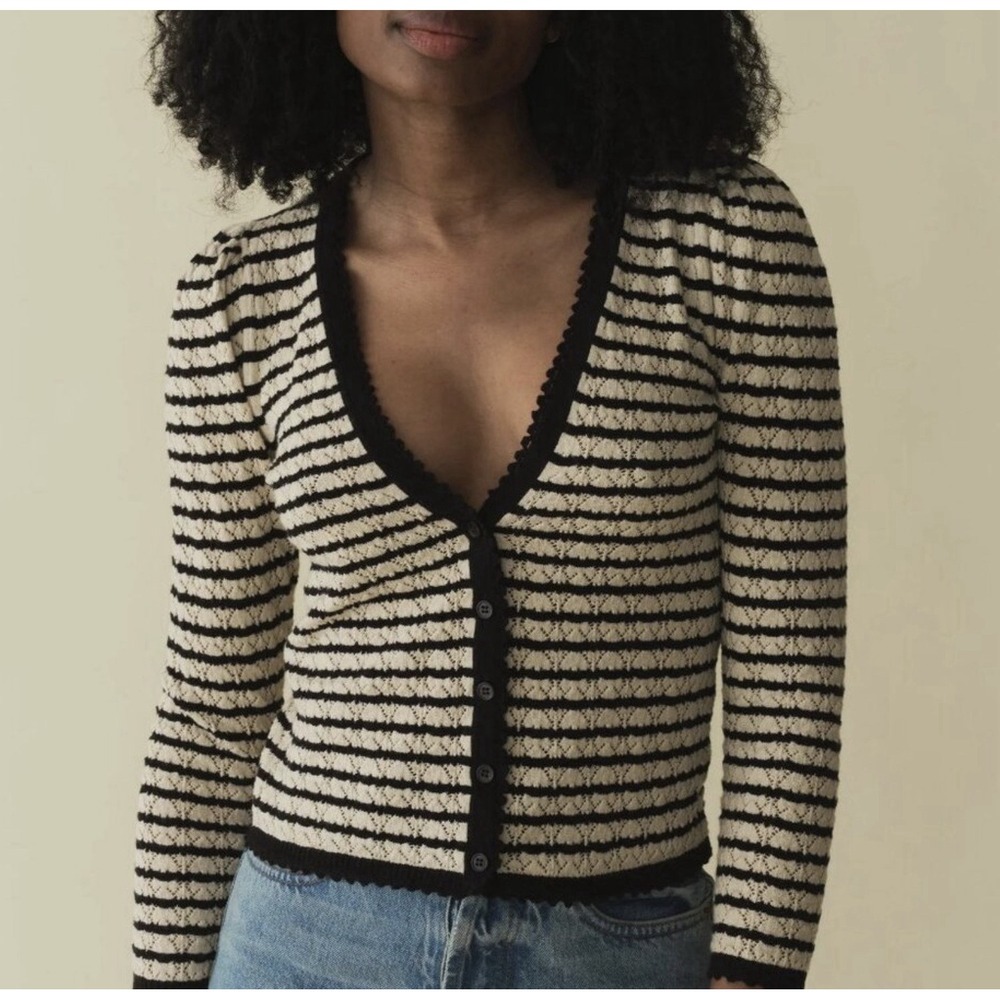 DOEN Chandel Cardigan Allaire Stripe Pointelle Scallop V Neck Knit Sweater S